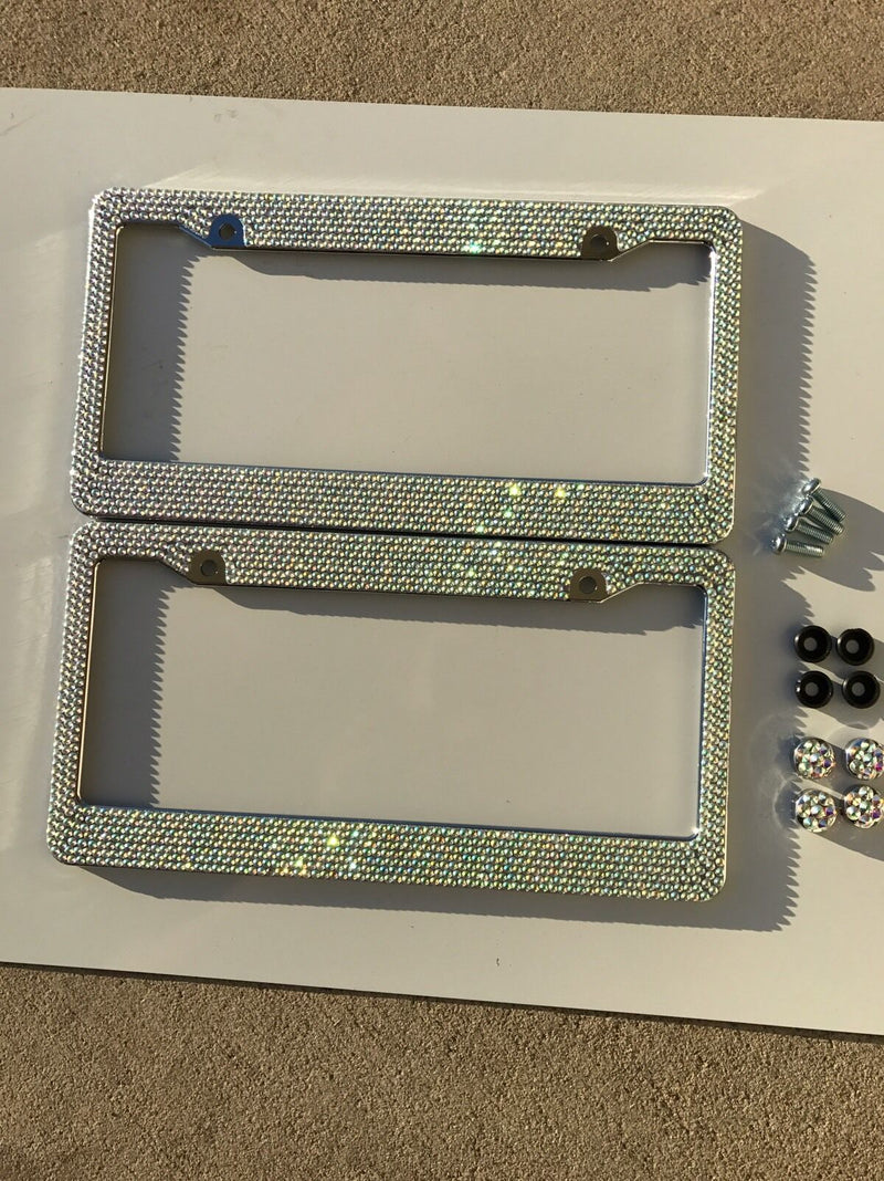 Pair Prism Effect Silver Bling Crystal RhineStone License Plate Frame Car Truck v2
