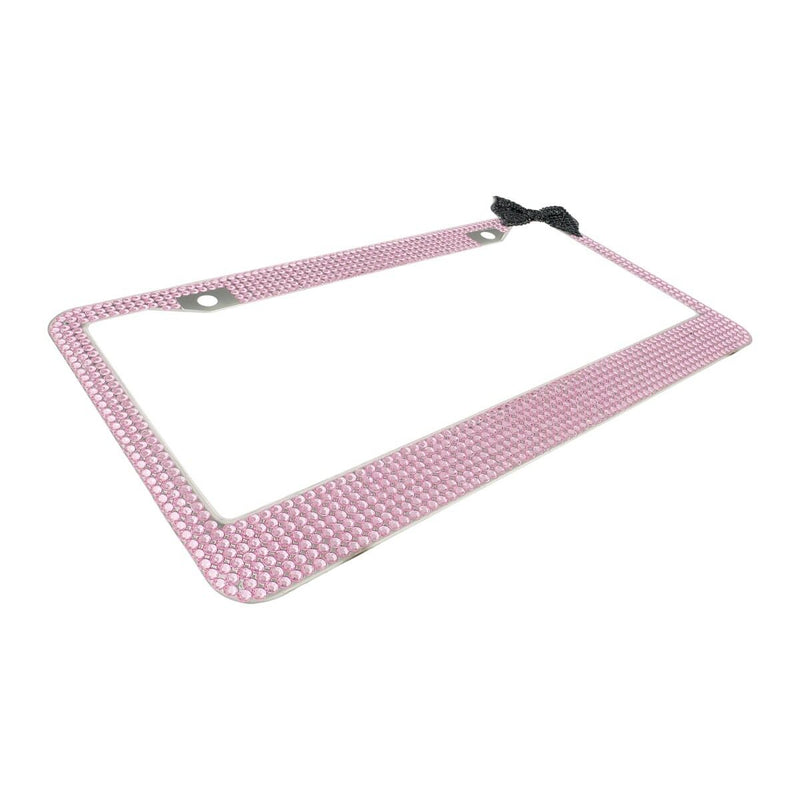 Pink 7 Rows Bling Diamond Crystal License Plate Frame With Corner Black Bow Tie