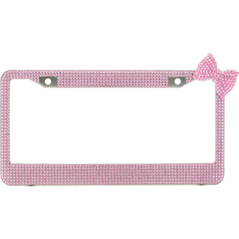 Pink 7 Rows Bling Diamond Crystal License Plate Frame With Corner Pink Bow Tie