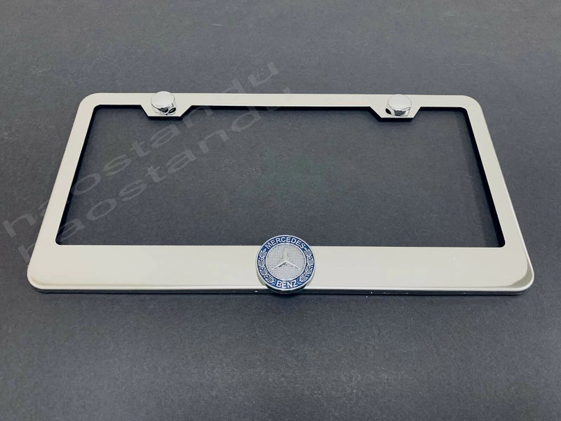 1x Mercedes LOGO 3D Emblem STAINLESS STEEL License Plate Frame RUST FREE + S.Cap