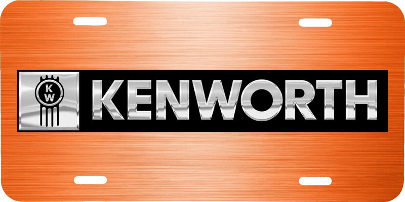 KENWORTH SEMI TRUCK LOGO ORANGE BRUSHED STEEL LOOK VEHICLE LICENSE PLATE TAG