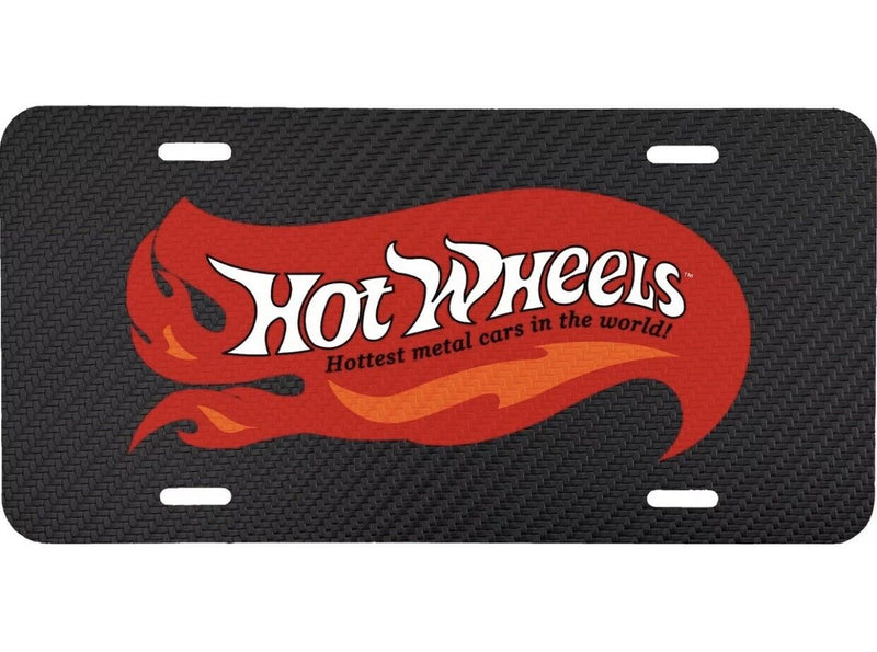 HOT WHEELS LOGO BLACK CARBON FIBER LOOK VEHICLE LICENSE PLATE CAR FRONT TAG AUTO