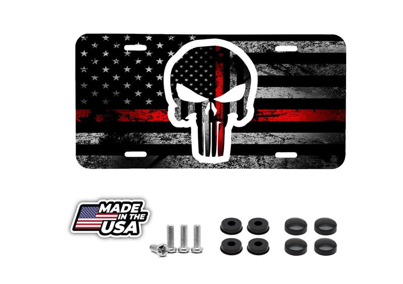 THIN RED LINE FLAG WITH PUNISHER SKULL VEHICLE LICENSE PLATE AUTO CAR TYL