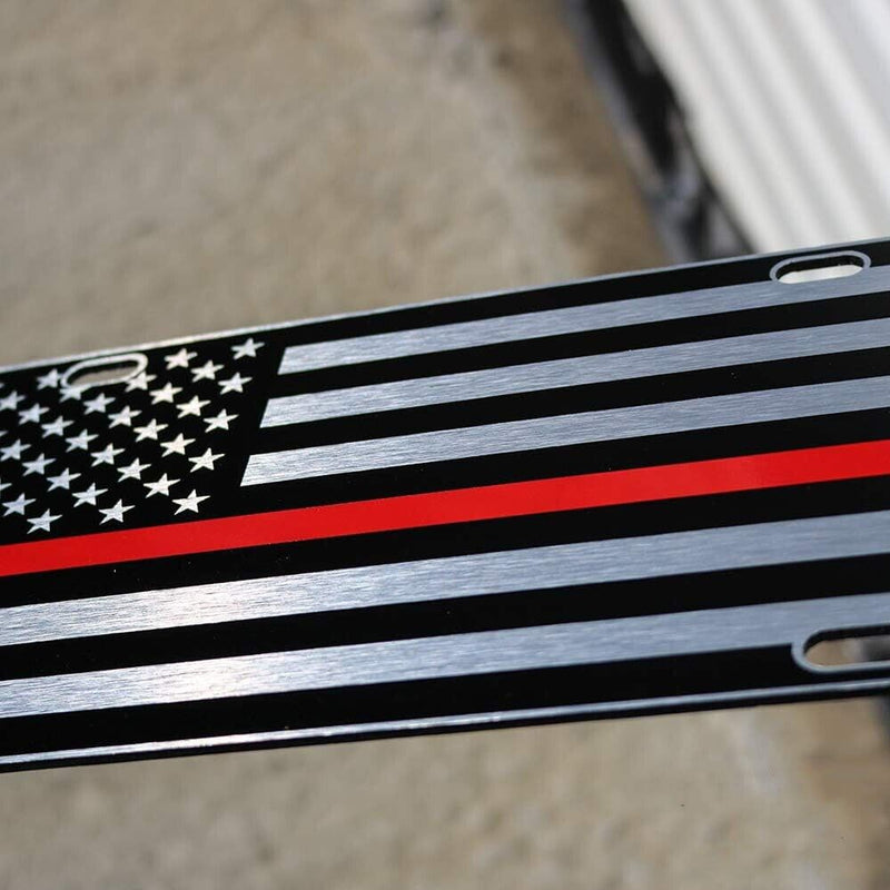 Thin Red Line American Flag License Plate Matte Black on Brushed Alum 1/8" HD