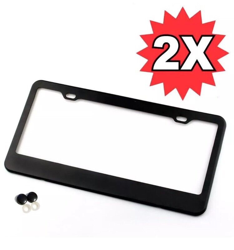 2pcs BLACK STAINLESS STEEL METAL LICENSE PLATE FRAME COVER SCREW CAPS