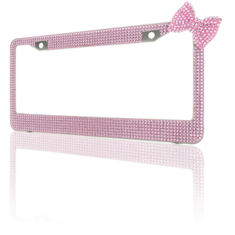 Pink 7 Rows Bling Diamond Crystal License Plate Frame With Corner Pink Bow Tie