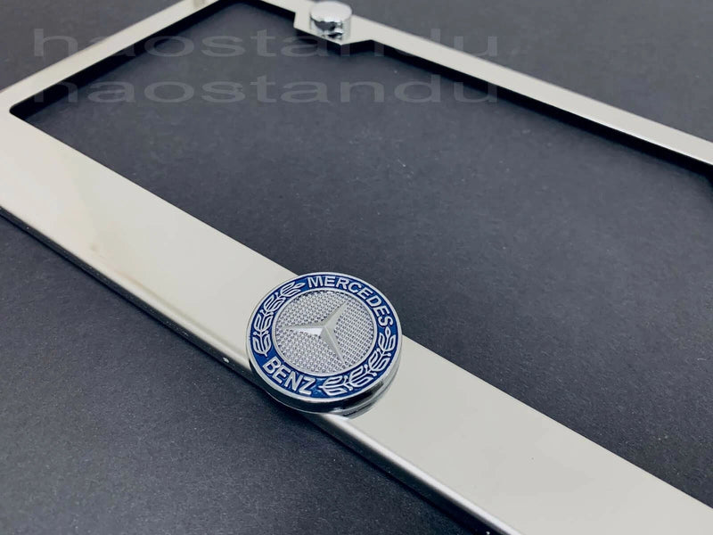 1x Mercedes LOGO 3D Emblem STAINLESS STEEL License Plate Frame RUST FREE + S.Cap