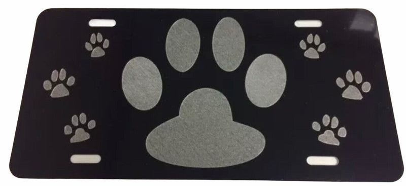 Dog Paw Print Car Tag Diamond Etched on Aluminum License Plate