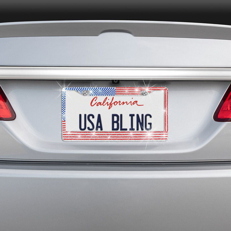 2X Metal USA American Diamond Crystal Bling Style License Plate Frame Universal