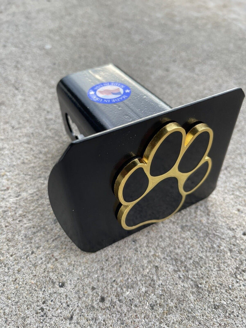 Dog Paw Emblem Metal Trailer Hitch Cover (Fit 2" Receivers, Gold & Black)