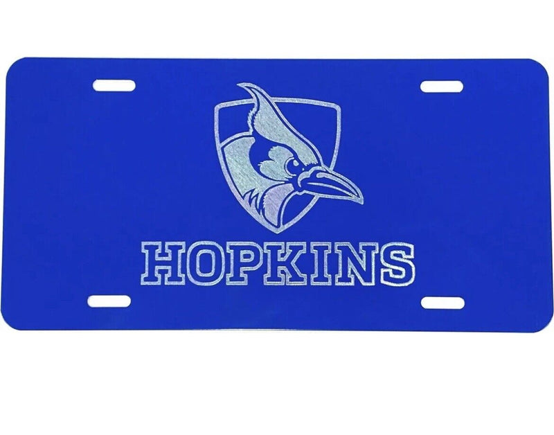 Johns Hopkins University logo Diamond Etched on Blue Aluminum License Plate