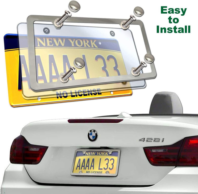 License Plate Cover Frame Combo - Clear Cover and Mirror Stainless Steel Holder