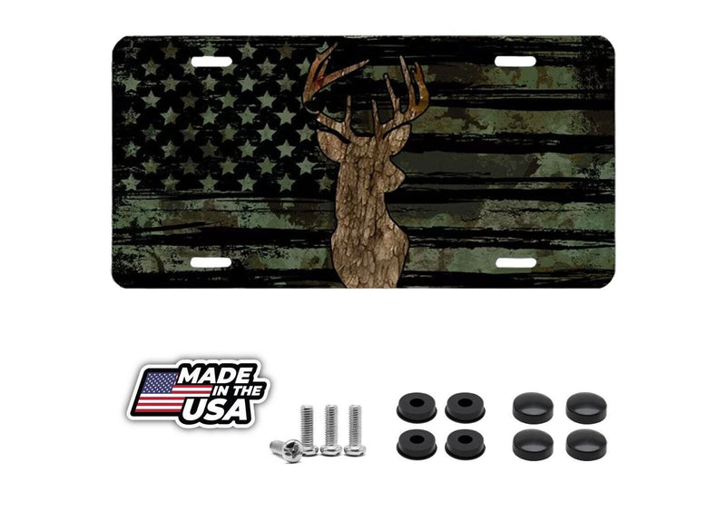 Camouflage Hunting Deer License Plate - American Flag Car Tag, 6x12 In