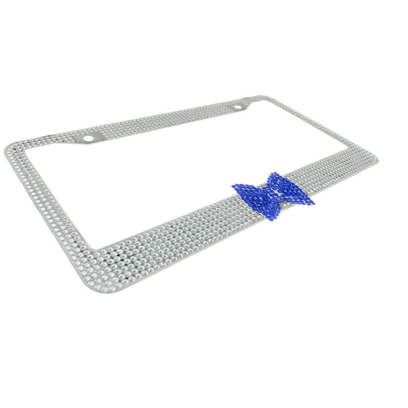 Clear 7 Rows Bling Diamond Crystal License Plate Frame With Blue Bow Tie