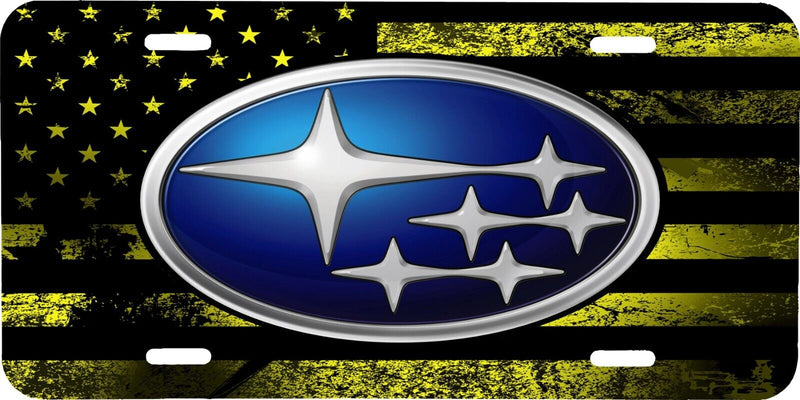 SUBARU LOGO DISTRESSED YELLOW USA FLAG VEHICLE LICENSE PLATE AUTO TAG .040 GA