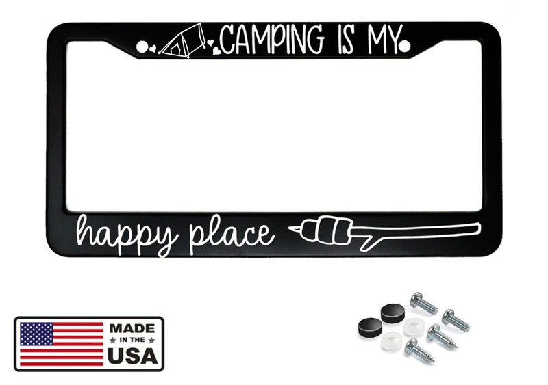 Camping Is My Happy Place Black Metal Car License Plate Frame