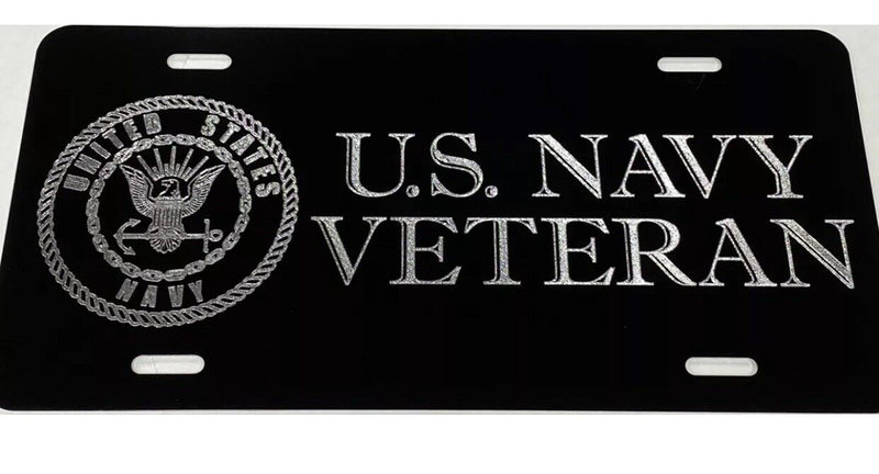 US Navy Veteran Car Tag Engraved Diamond Etched Gloss Black License Plate GIFT