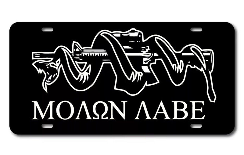 MOLON LABE SNAKE AND GUN Vanity License Plate COME AND TAKE THEM GUNS & WEAPONS