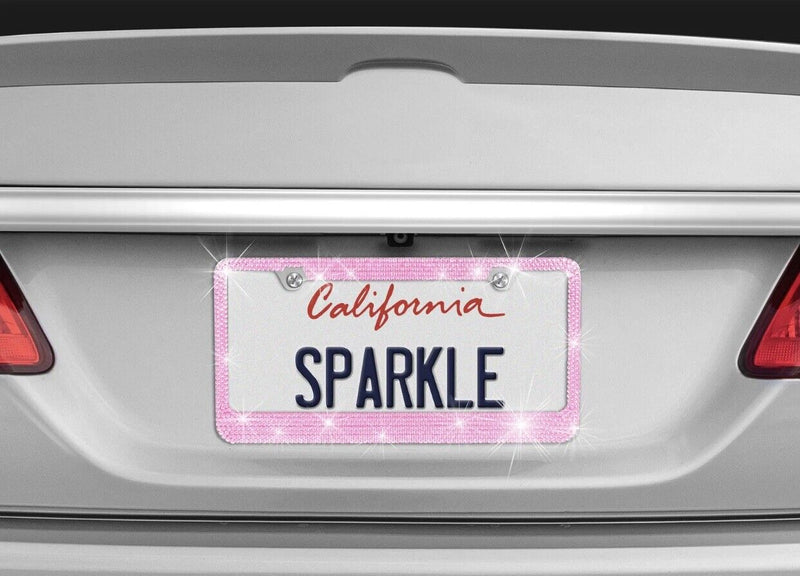 2X Stainless-Steel Metal Pink Crystal Bling License Plate Frame Universal Fit