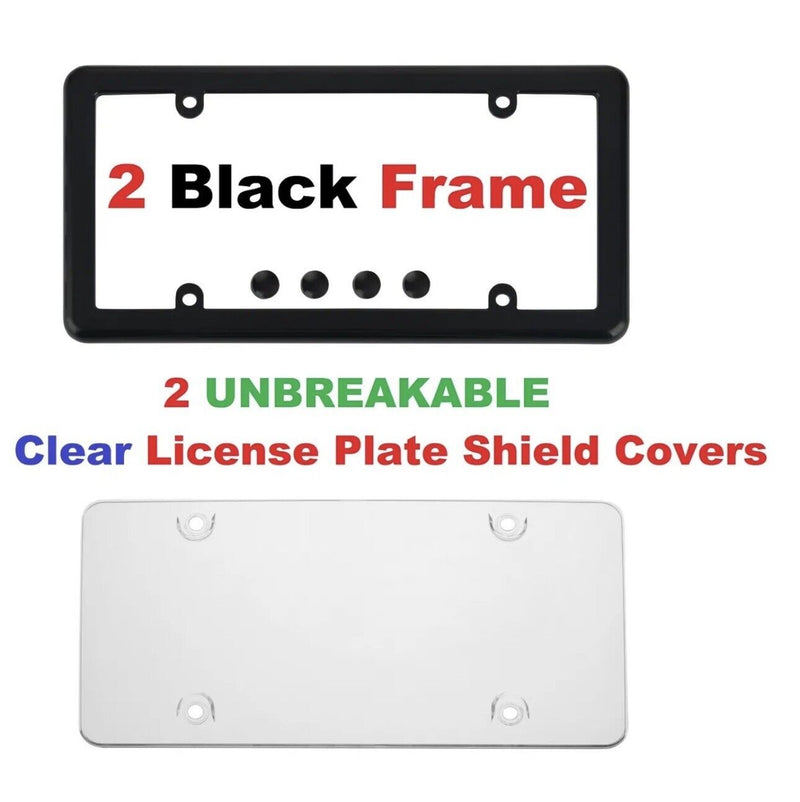 2 UNBREAKABLE Clear License Plate Shield Covers + 2 Black Frames for Cars