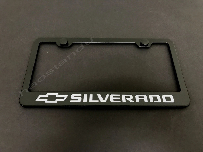 1x SILVERADO BLACK Stainless Metal License Plate Frame + Screw Caps Style L