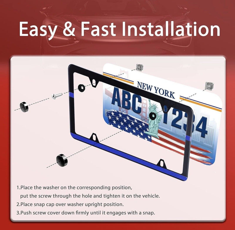 Blue Thin Line Black Stainless Steel Slim License Plate Frame