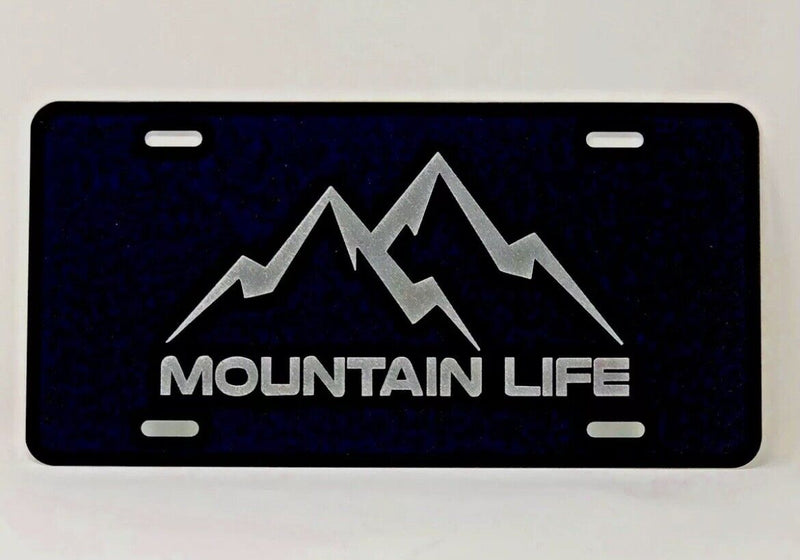 Mountain Life logo Car Tag Diamond Etched on Black Aluminum License Plate