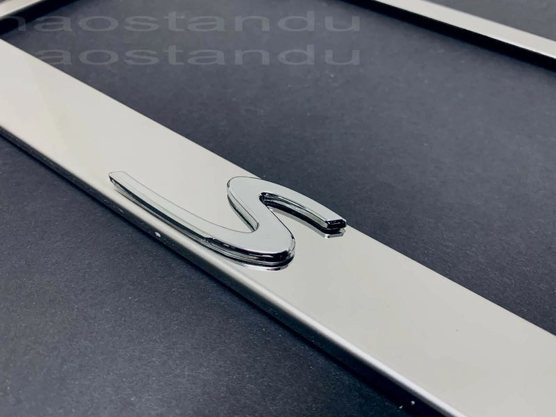 1x "S" 3D Emblem STAINLESS STEEL License Plate Frame RUST FREE + ScrewCap (Silv)
