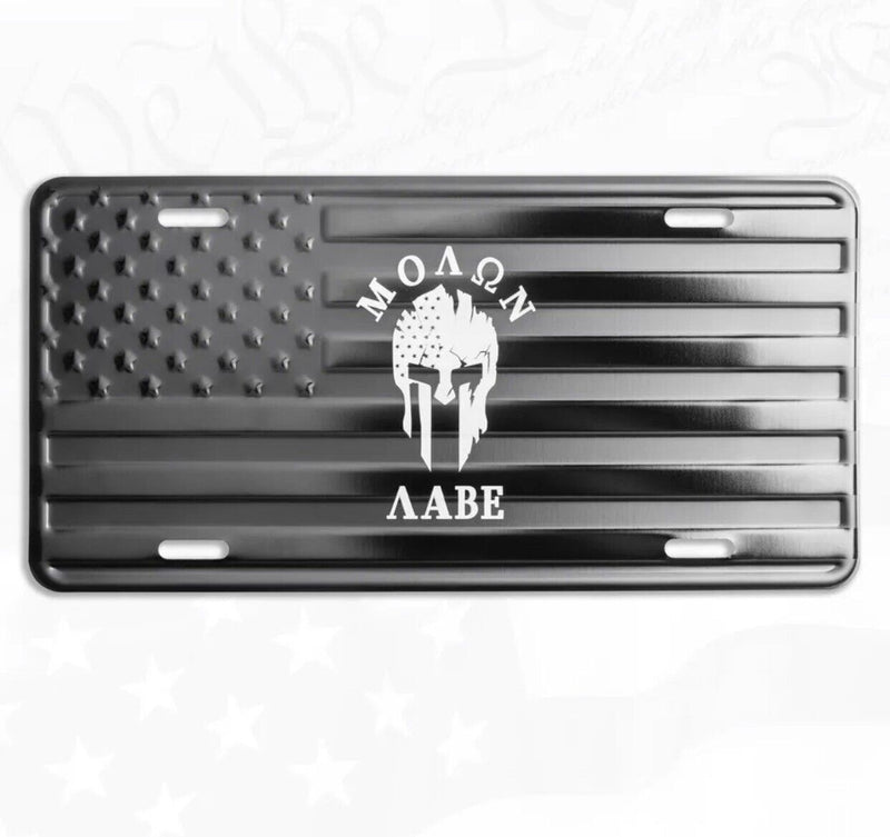 Patriotic American Flag Molon Labe Embossed Stars & Stripes License Plate Tag