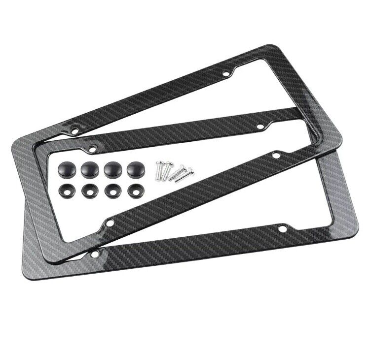 2pc Car Auto Plastic Carbon Fiber License Plate Holder Frame Universal Black Set