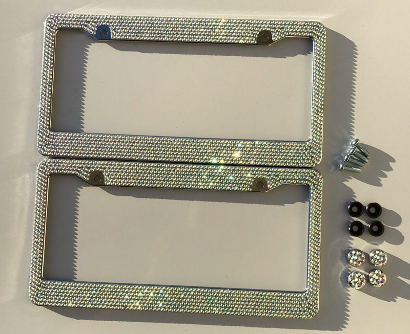 Pair Prism Effect Silver Bling Crystal RhineStone License Plate Frame Car Truck v2