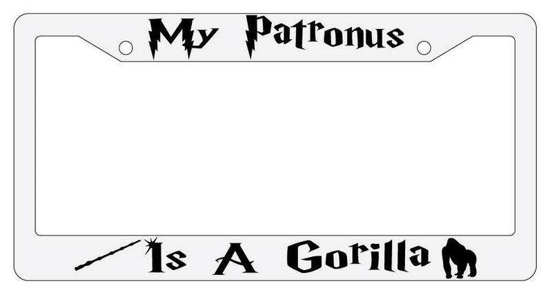 My Patronus is A Gorilla White Plastic License Plate Frame Auto Accessory  Mod-GRAPH9856236-3551