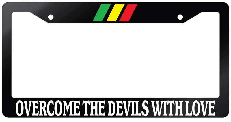 Glossy Black License Plate Frame "OVERCOME THE DEVILS WITH LOVE" w/STRIPES  Mod-GRAPH9856236-7257