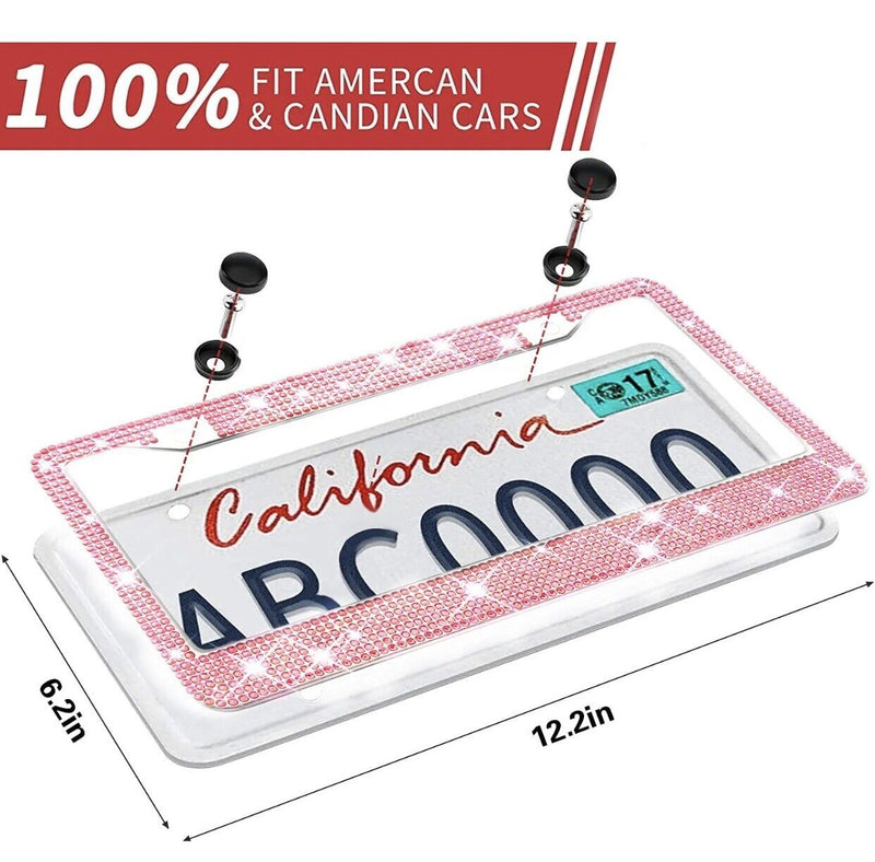 2Pcs Crystal Bling License Plate Frame W/ Screw Cap Covers, Women Car Accessories