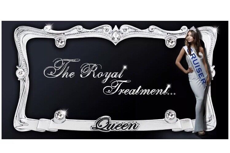 Queen License Plate Frame - Chrome with Clear Bling Crystals - wi. Diamond Caps!