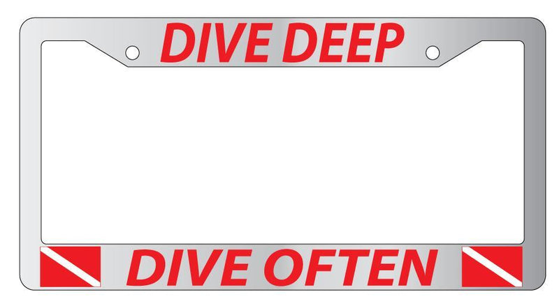 Chrome License Plate Frame DIVE DEEP DIVE OFTEN (RED) w/FLAGS Auto Accessory  Mod-GRAPH9856236-4359
