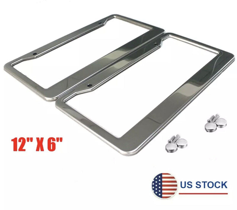 2pcs Chrome Stainless Steel US Car License Plate Frame Cover Holder w/ Screw Cap