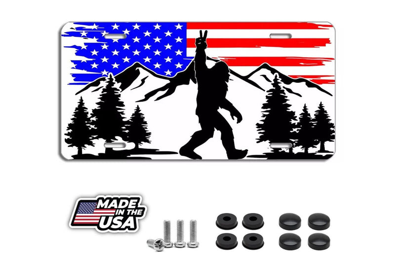 Sasquatch American Flag License Plate - Patriotic Bigfoot Car Tag