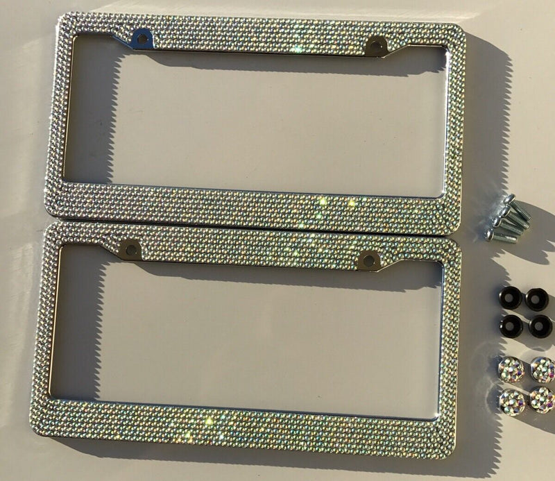 Pair Prism Effect Silver Bling Crystal RhineStone License Plate Frame Car Truck