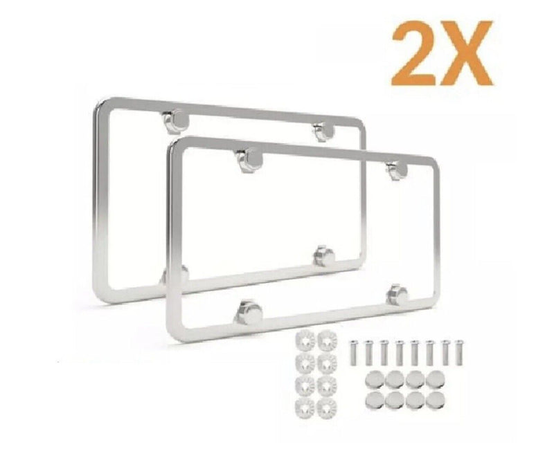2Pcs Chrome Stainless Steel Metal License Plate Frame Cover With Screw Caps v5