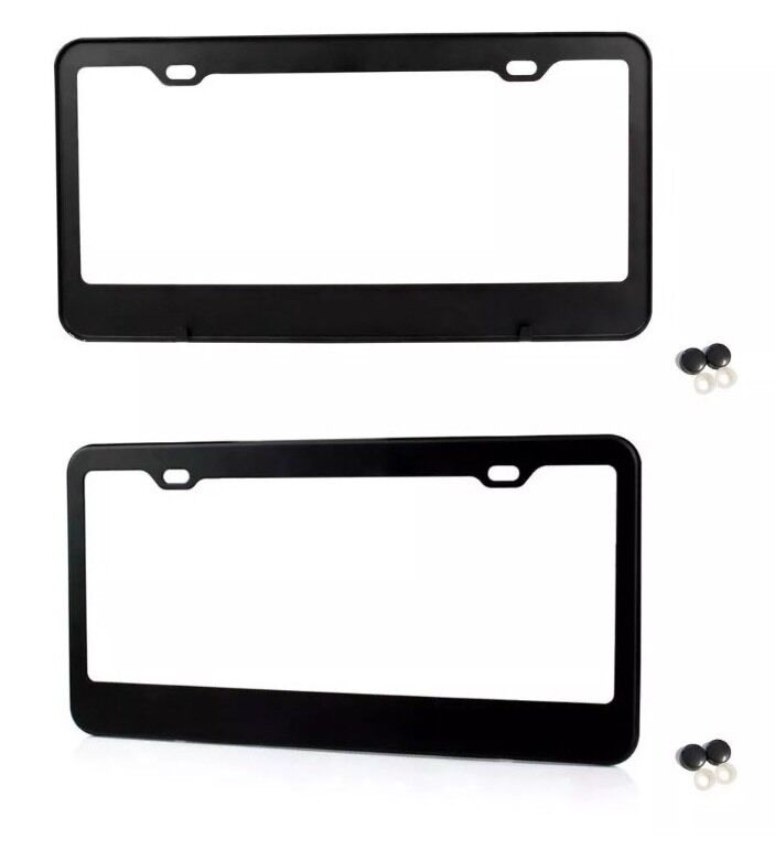 2x BLACK STAINLESS STEEL METAL LICENSE Plate Frame COVER SCREW CAPS