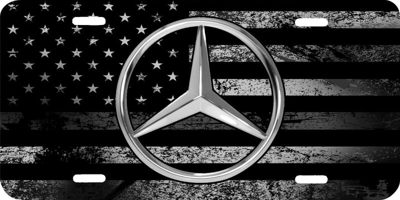 MERCEDES LOGO PRINTED GRAY AND BLACK AMERICAN FLAG VEHICLE LICENSE PLATE CAR TAG