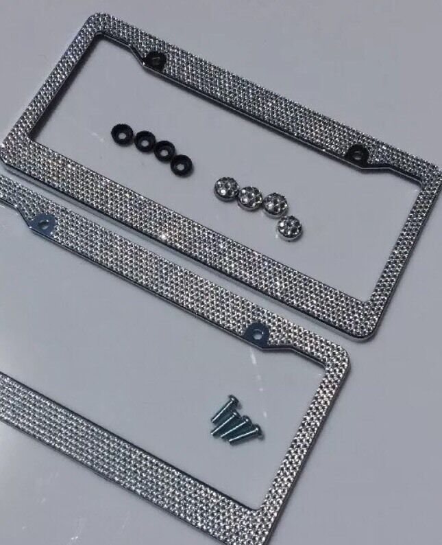 2x Metal License Plate Frame Bling Rhinestone Chrome Crystal Diamond