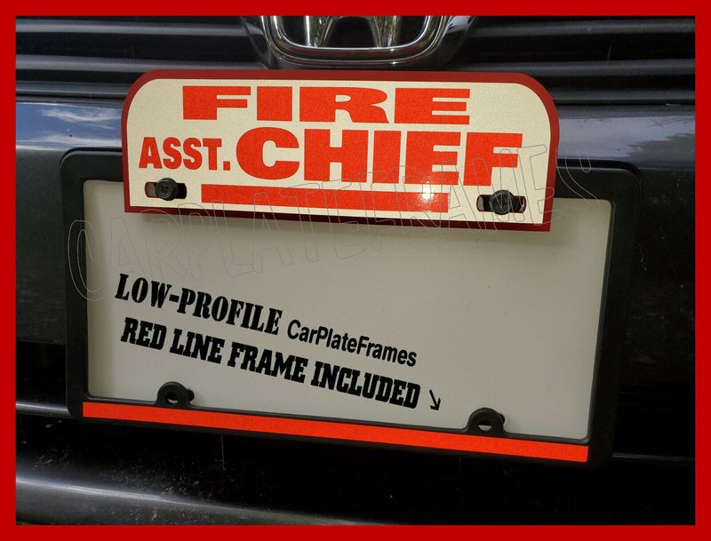 REFLECTIVE FIRE ASST. CHIEF ALUMINUM PLATE TOPPER RED LINE LICENSE PLATE FRAME