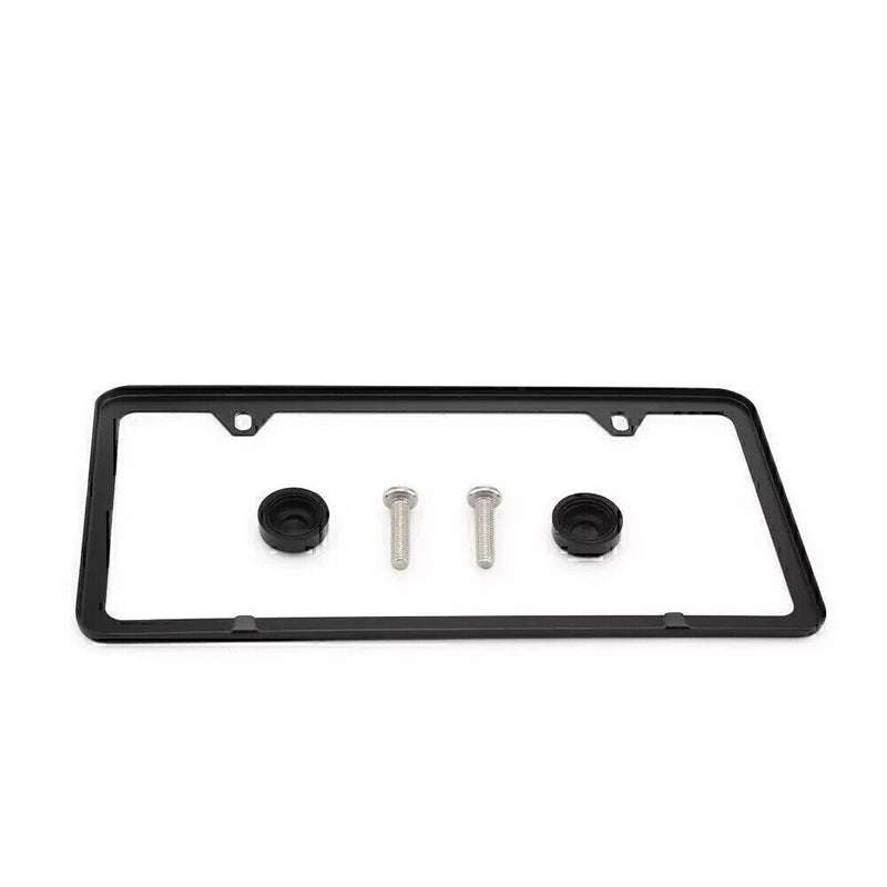 Stainless Steel License Plate Frame w Screw Caps Thin 2 Hole- Silm Black ※