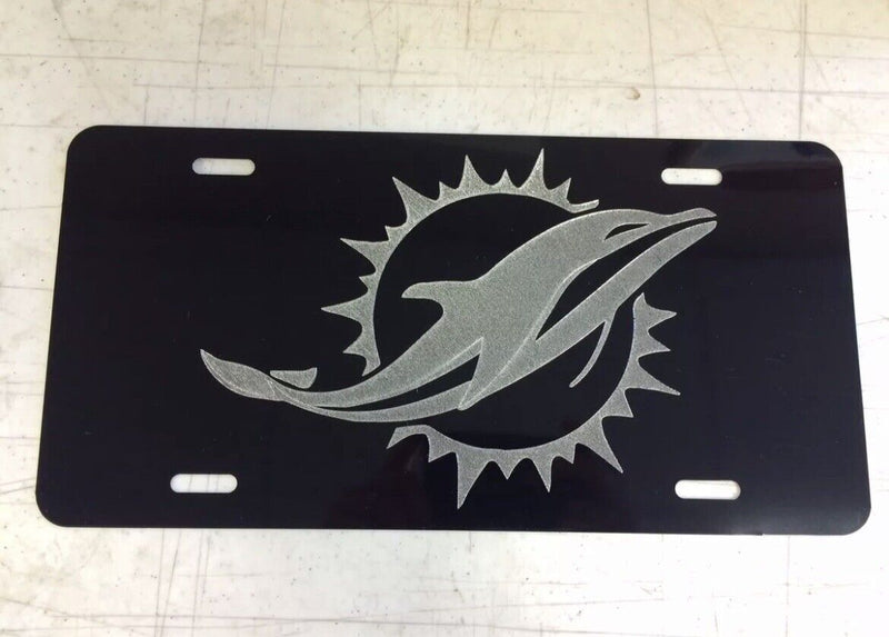 Miami Dolphins Logo Car Tag Diamond Etched on Black Aluminum License Plate