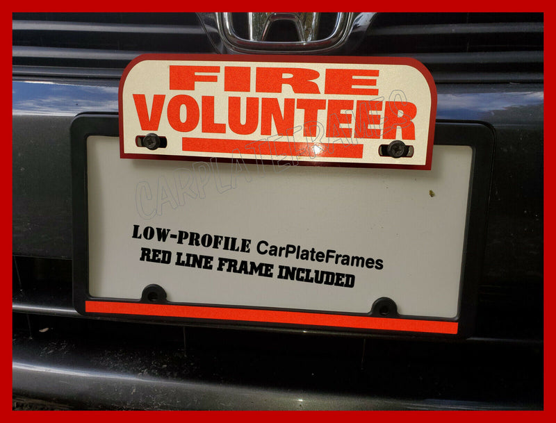 REFLECTIVE FIRE VOLUNTEER ALUMINUM PLATE TOPPER W/ RED LINE LICENSE PLATE FRAME