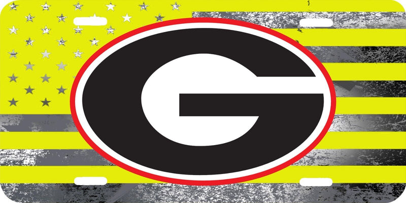 NCAA GEORGIA BULLDOGS DISTRESSED AMERICAN FLAG YELLOW GRAY ALUMINUM LICENSE PLATE TAG