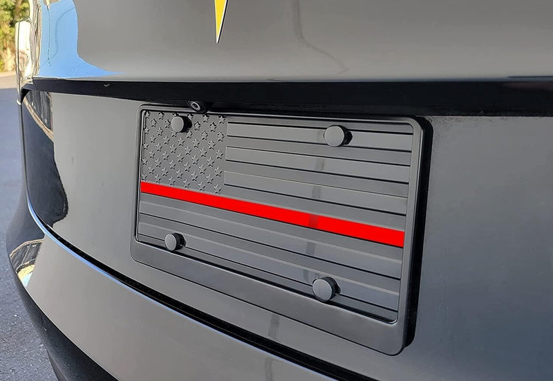 Thin Red Line Firefighter American Flag License Plate Tactical Black w Screw Cap