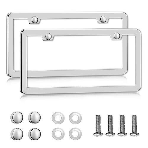 Solid Silver License Plate Frames 2 Pack 2 Holes Rustproof License Plate Holder